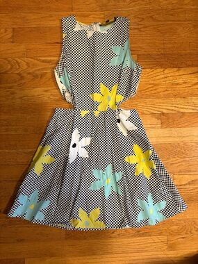 ModCloth Blue & Yellow Floral Check Sleeveless Fit & Flare Dress with Cut-Outs